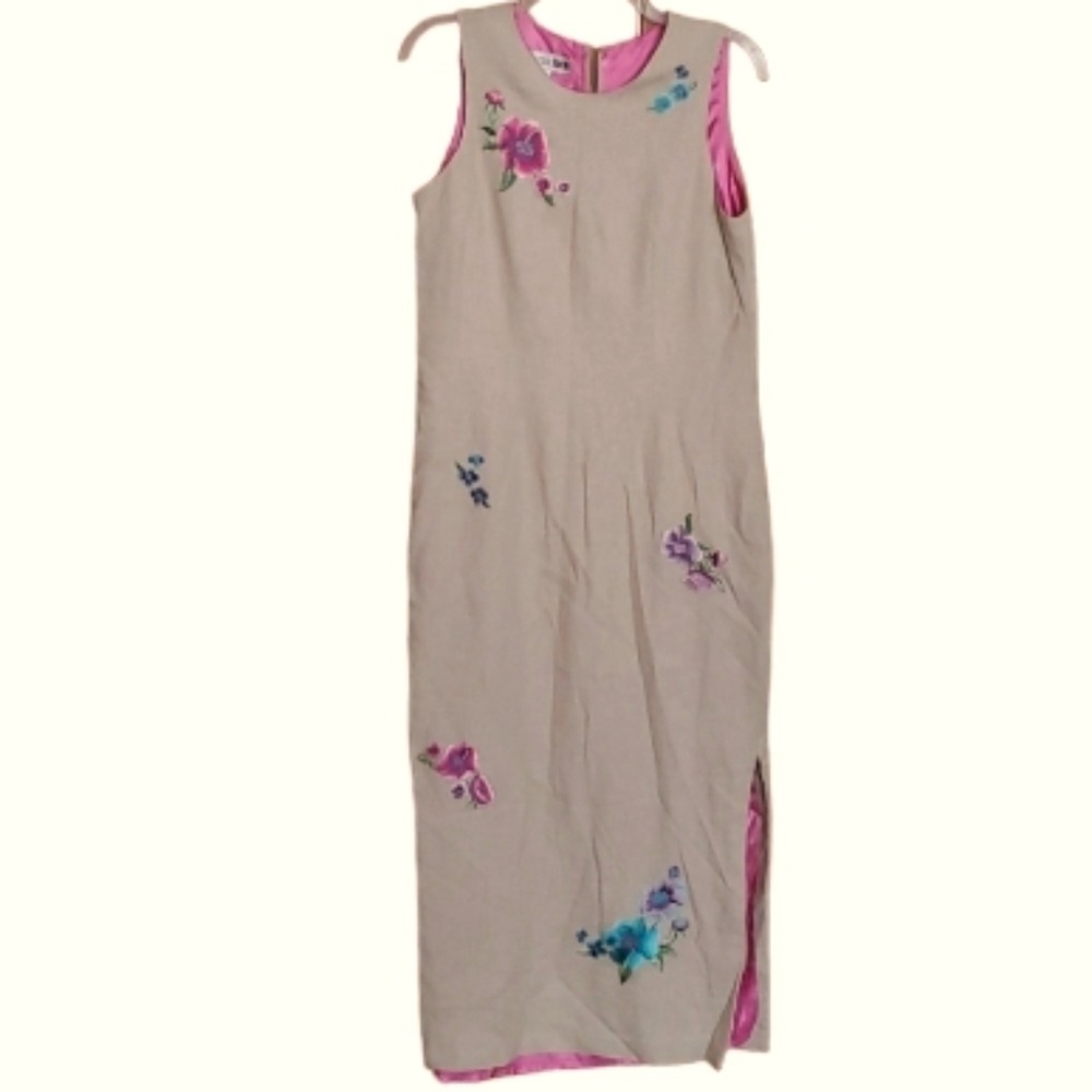 Focus 2000 Womans Linen Blend Floral Embroidered‎ Sleeveless Maxi Dress Size 12